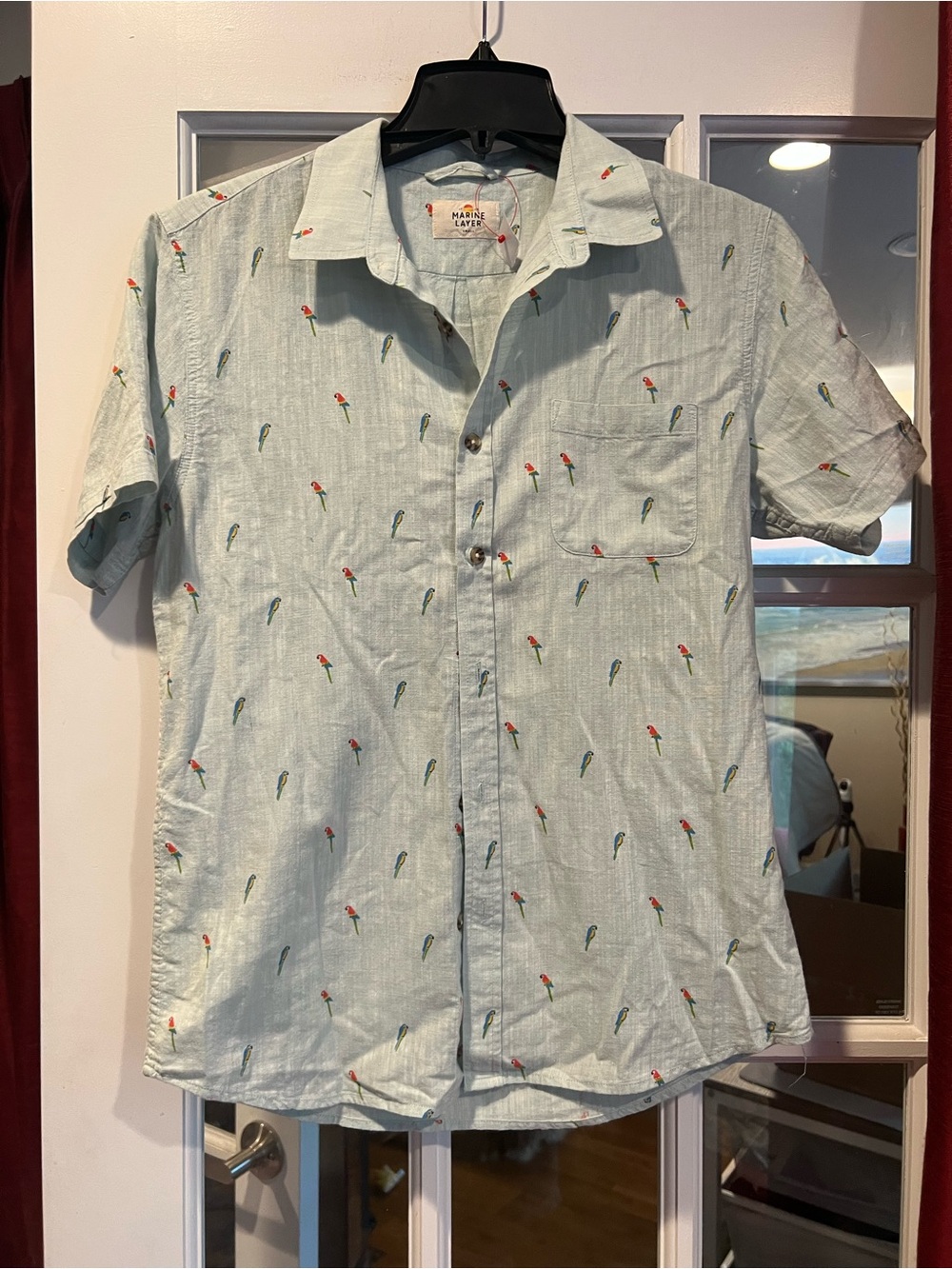 Marine Layer Mint Green Short-Sleeve Button-Down with Parrot Print